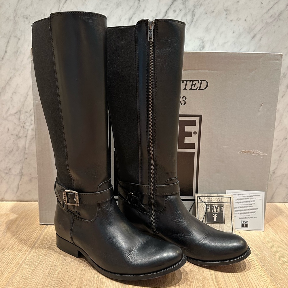 Frye Melissa Gore Zip Black Leather Tall Boots